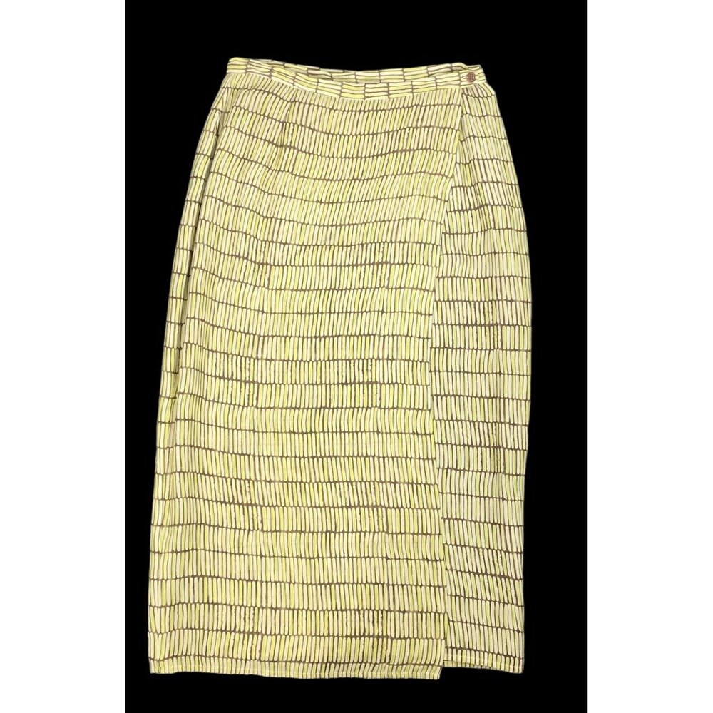 VTG Ann Taylor 100% Silk Midi Skirt Sz 14 Yellow & Brown‎ Geometric Print wrap